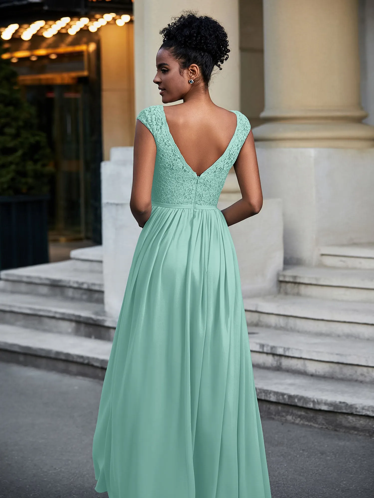 Lace and Chiffon Maxi Dress with Cap Sleeves-Turquoise