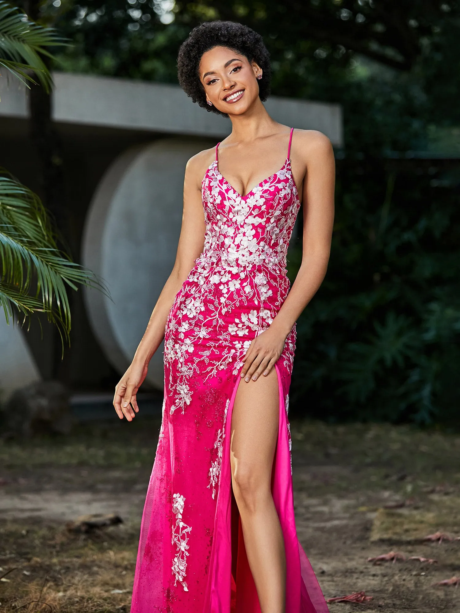Lace Applique High Slit Fitted Tulle Dress Fuchsia