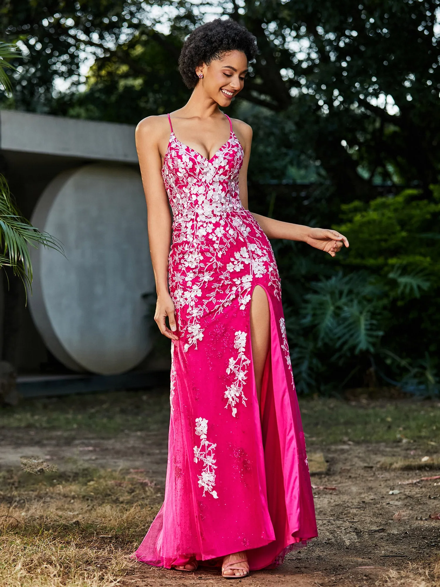 Lace Applique High Slit Fitted Tulle Dress Fuchsia