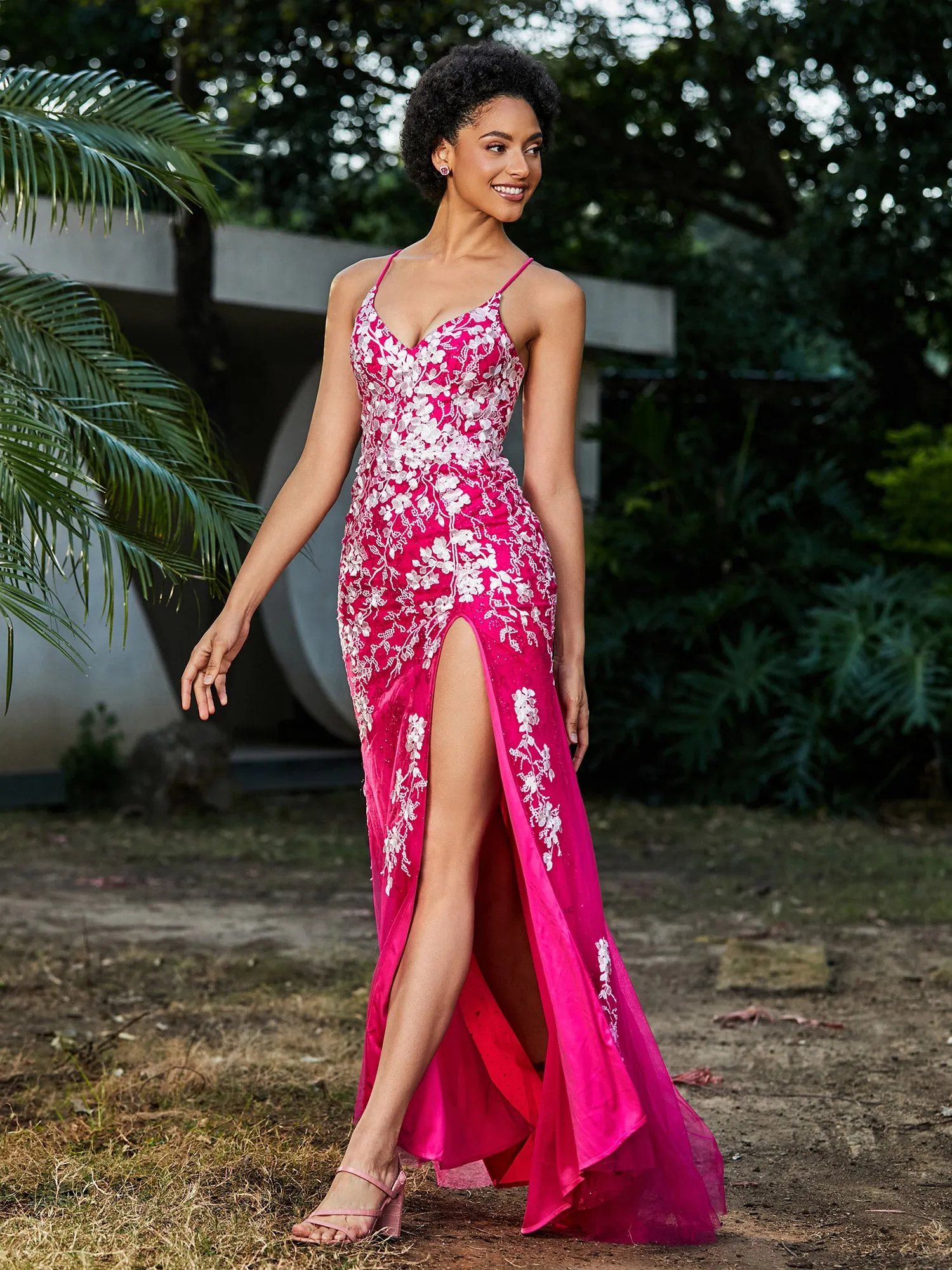 Lace Applique High Slit Fitted Tulle Dress Fuchsia