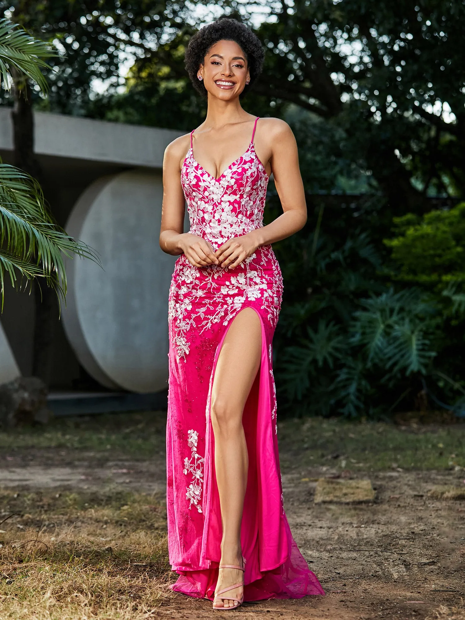 Lace Applique High Slit Fitted Tulle Dress Fuchsia