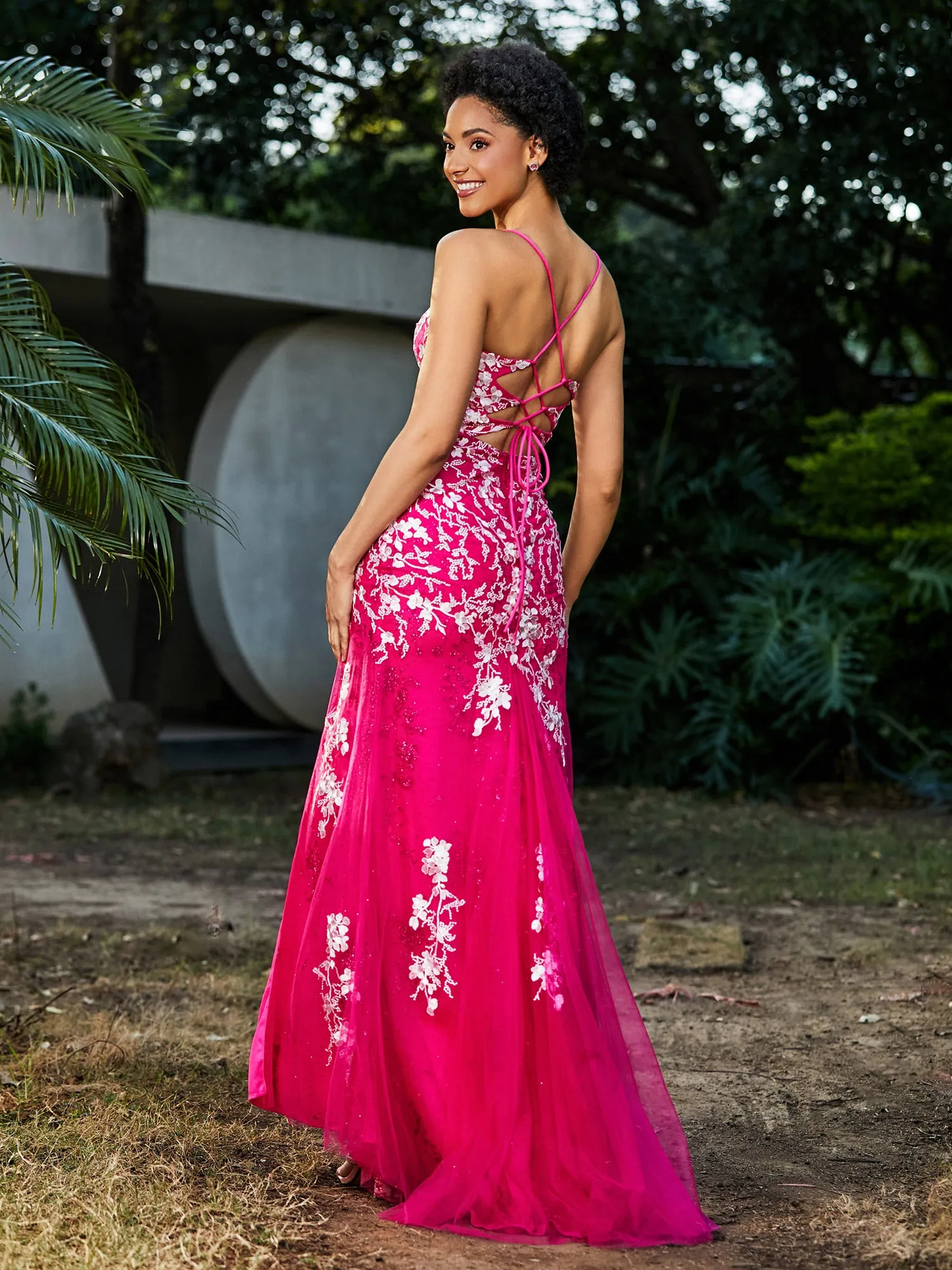Lace Applique High Slit Fitted Tulle Dress Fuchsia