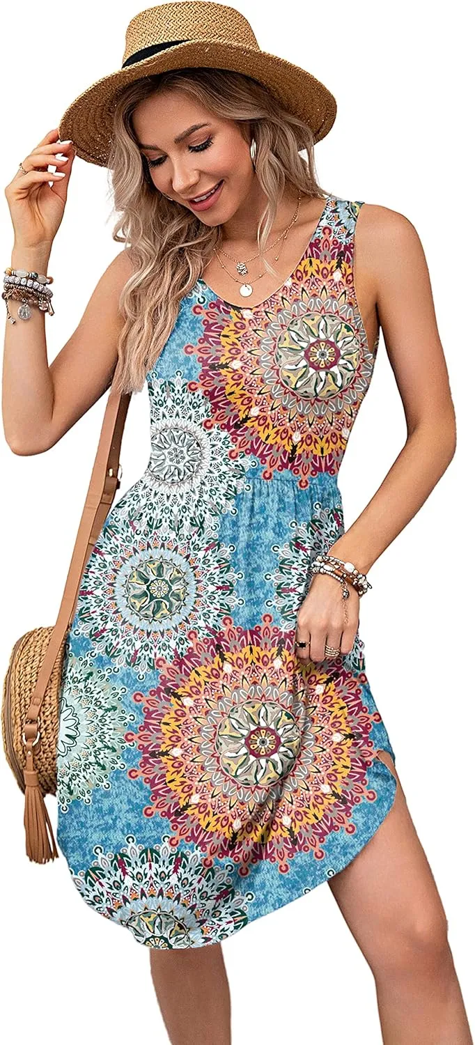 Ladlop Summer Dresses for Women 2024 Sleeveless Casual Beach Sundresses T Shirt Dress with Pockets