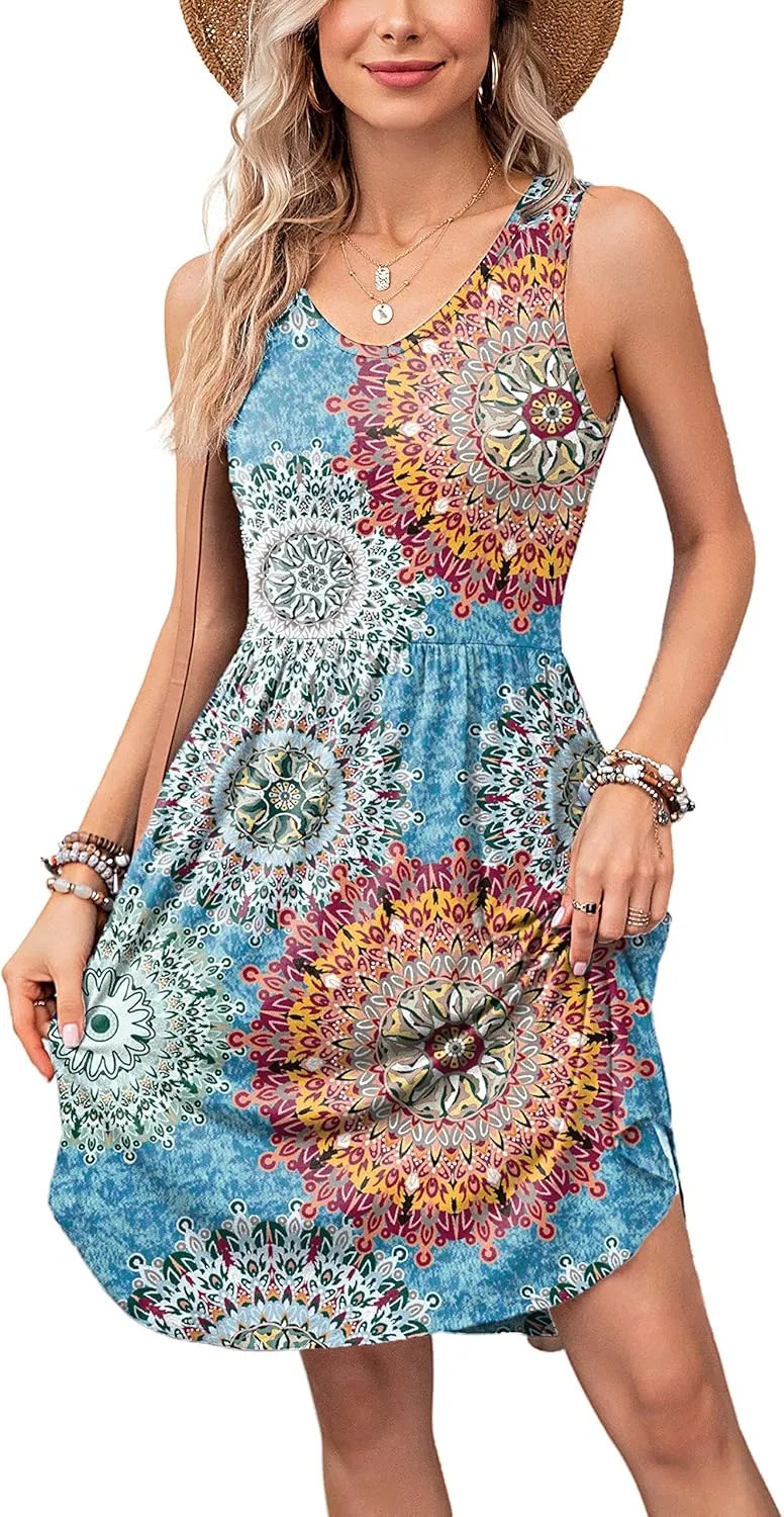 Ladlop Summer Dresses for Women 2024 Sleeveless Casual Beach Sundresses T Shirt Dress with Pockets