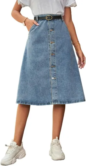 LAFOURAM Womens Denim Skirt Knee Length A Line Y2K Trendy Flared Midi Jean Skirts