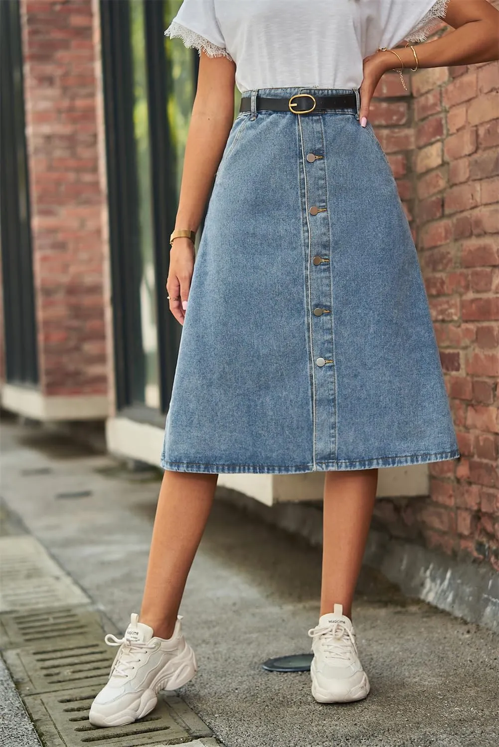 LAFOURAM Womens Denim Skirt Knee Length A Line Y2K Trendy Flared Midi Jean Skirts