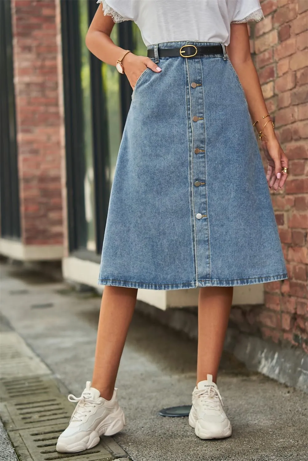 LAFOURAM Womens Denim Skirt Knee Length A Line Y2K Trendy Flared Midi Jean Skirts
