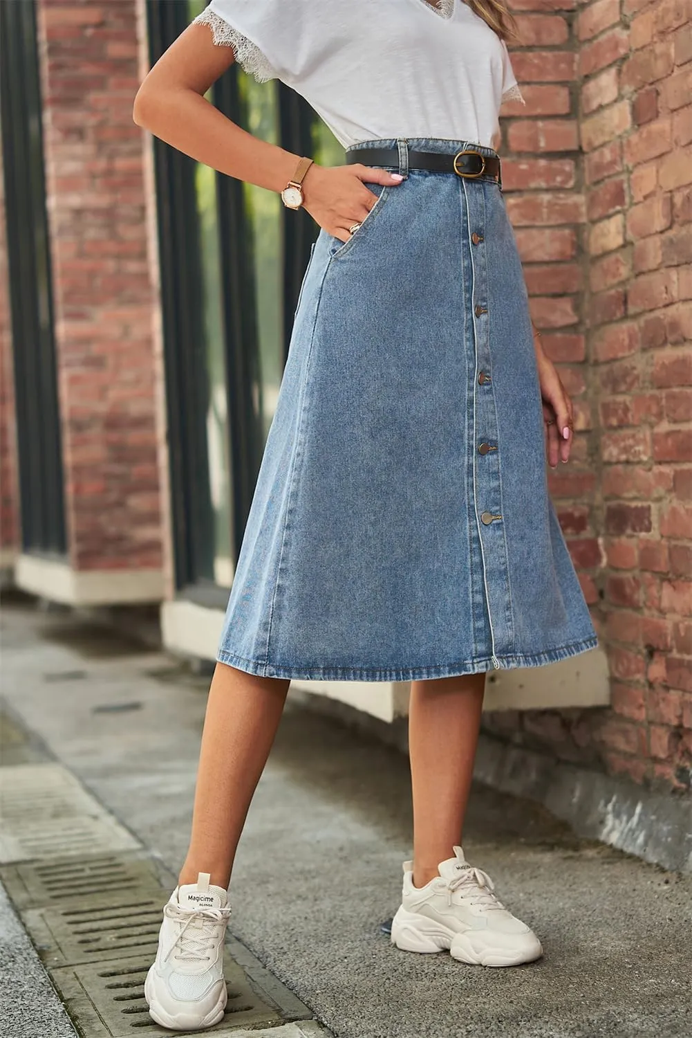 LAFOURAM Womens Denim Skirt Knee Length A Line Y2K Trendy Flared Midi Jean Skirts