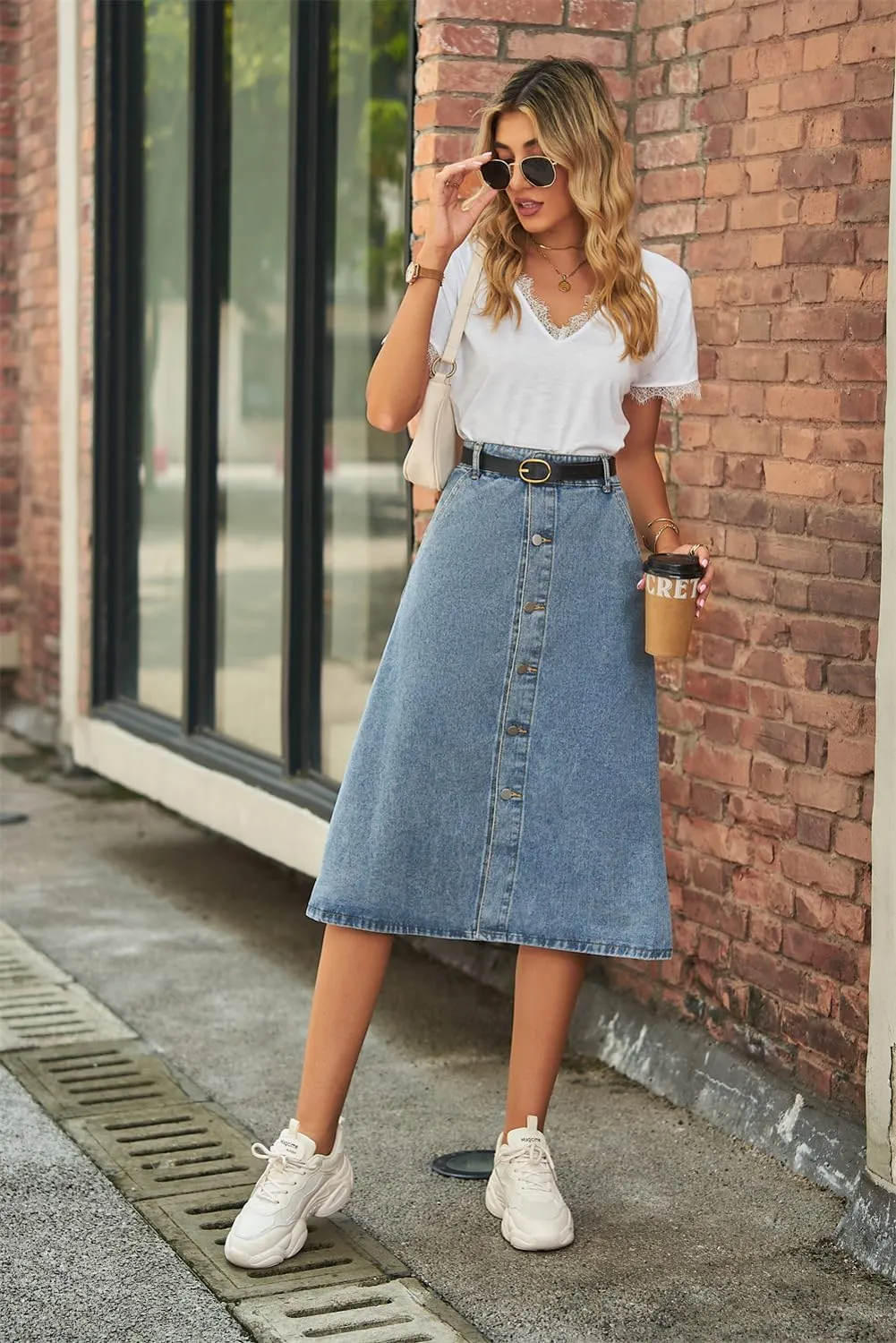 LAFOURAM Womens Denim Skirt Knee Length A Line Y2K Trendy Flared Midi Jean Skirts