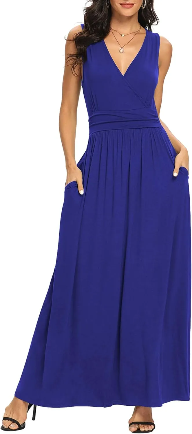 LILBETTER Women Sleeveless Deep V Neck Loose Plain Long Maxi Casual Dress