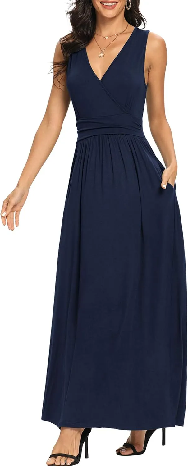 LILBETTER Women Sleeveless Deep V Neck Loose Plain Long Maxi Casual Dress