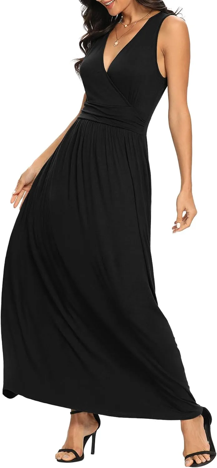 LILBETTER Women Sleeveless Deep V Neck Loose Plain Long Maxi Casual Dress