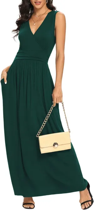 LILBETTER Women Sleeveless Deep V Neck Loose Plain Long Maxi Casual Dress