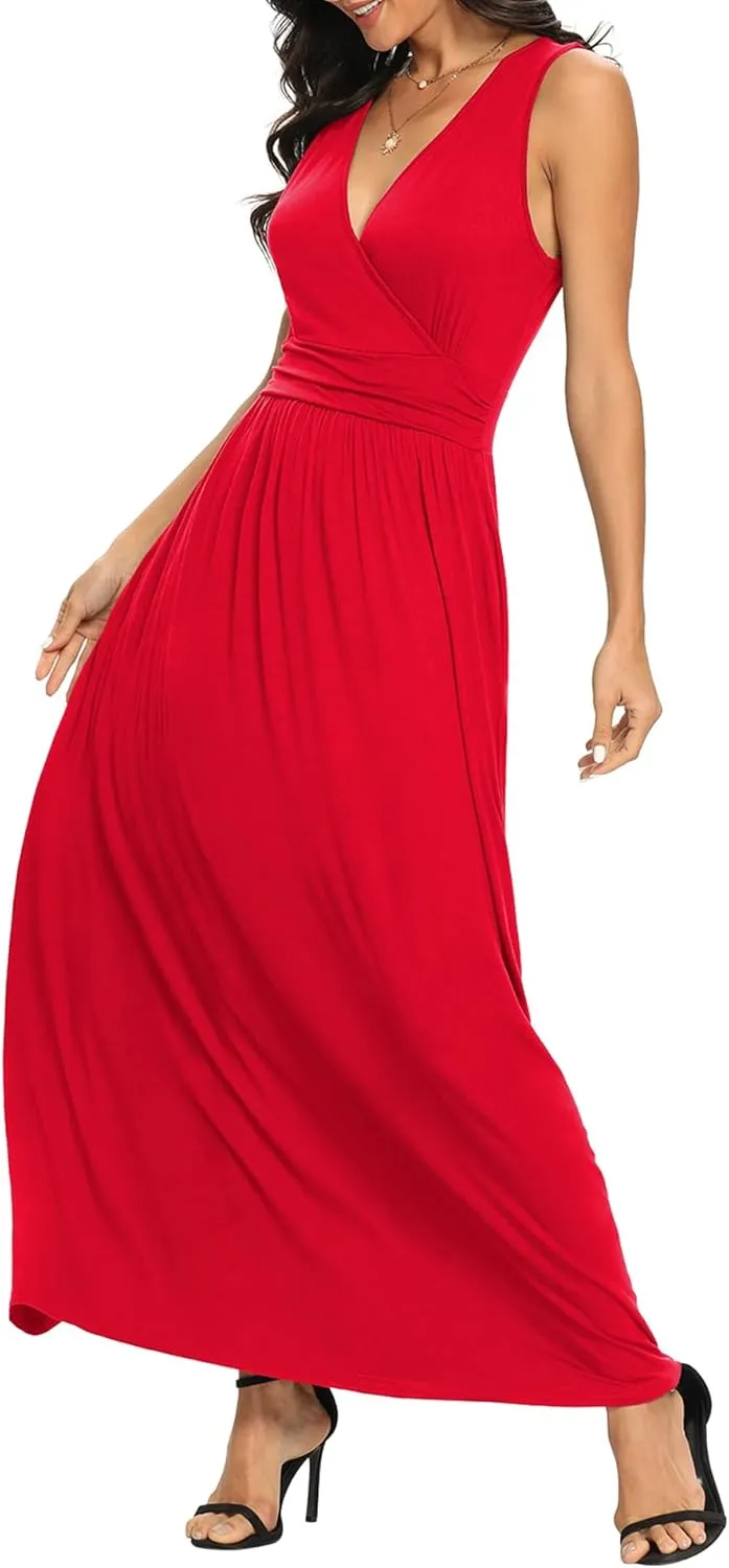 LILBETTER Women Sleeveless Deep V Neck Loose Plain Long Maxi Casual Dress