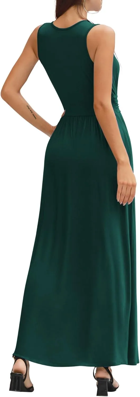 LILBETTER Women Sleeveless Deep V Neck Loose Plain Long Maxi Casual Dress