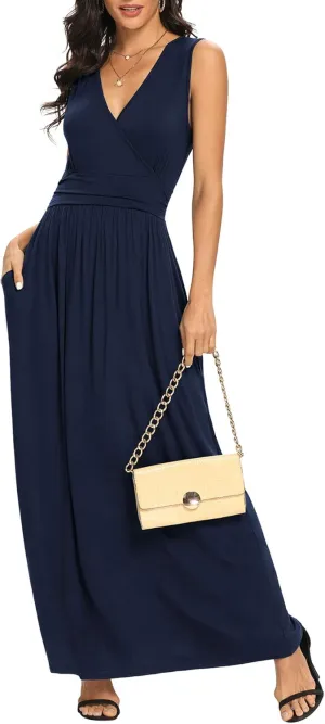 LILBETTER Women Sleeveless Deep V Neck Loose Plain Long Maxi Casual Dress