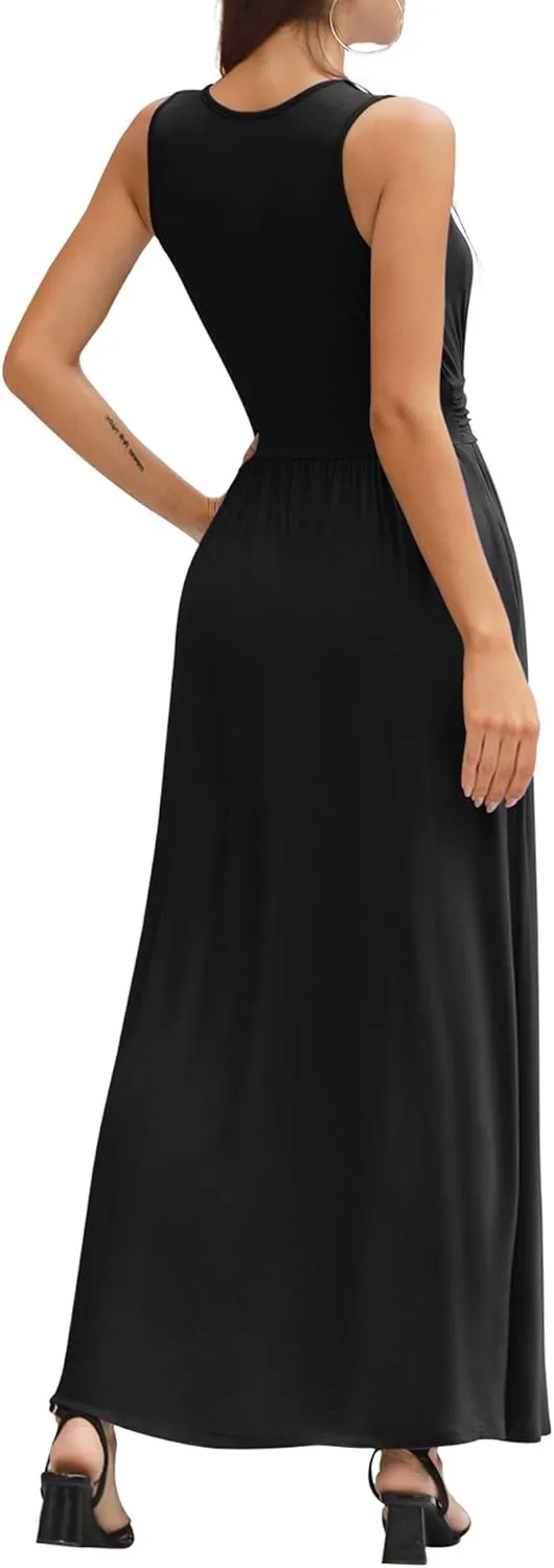 LILBETTER Women Sleeveless Deep V Neck Loose Plain Long Maxi Casual Dress