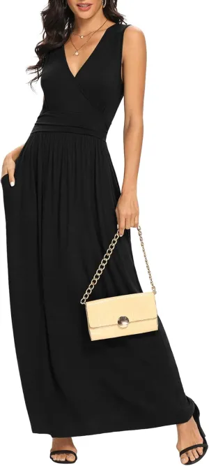 LILBETTER Women Sleeveless Deep V Neck Loose Plain Long Maxi Casual Dress