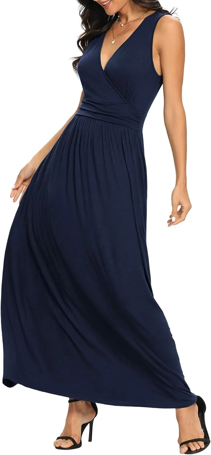 LILBETTER Women Sleeveless Deep V Neck Loose Plain Long Maxi Casual Dress