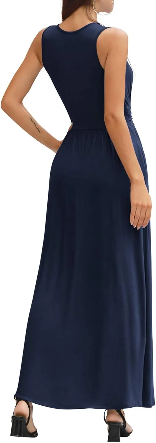 LILBETTER Women Sleeveless Deep V Neck Loose Plain Long Maxi Casual Dress