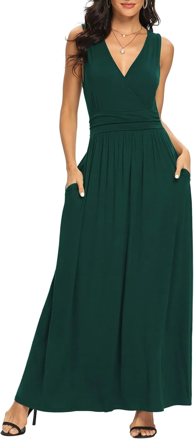 LILBETTER Women Sleeveless Deep V Neck Loose Plain Long Maxi Casual Dress