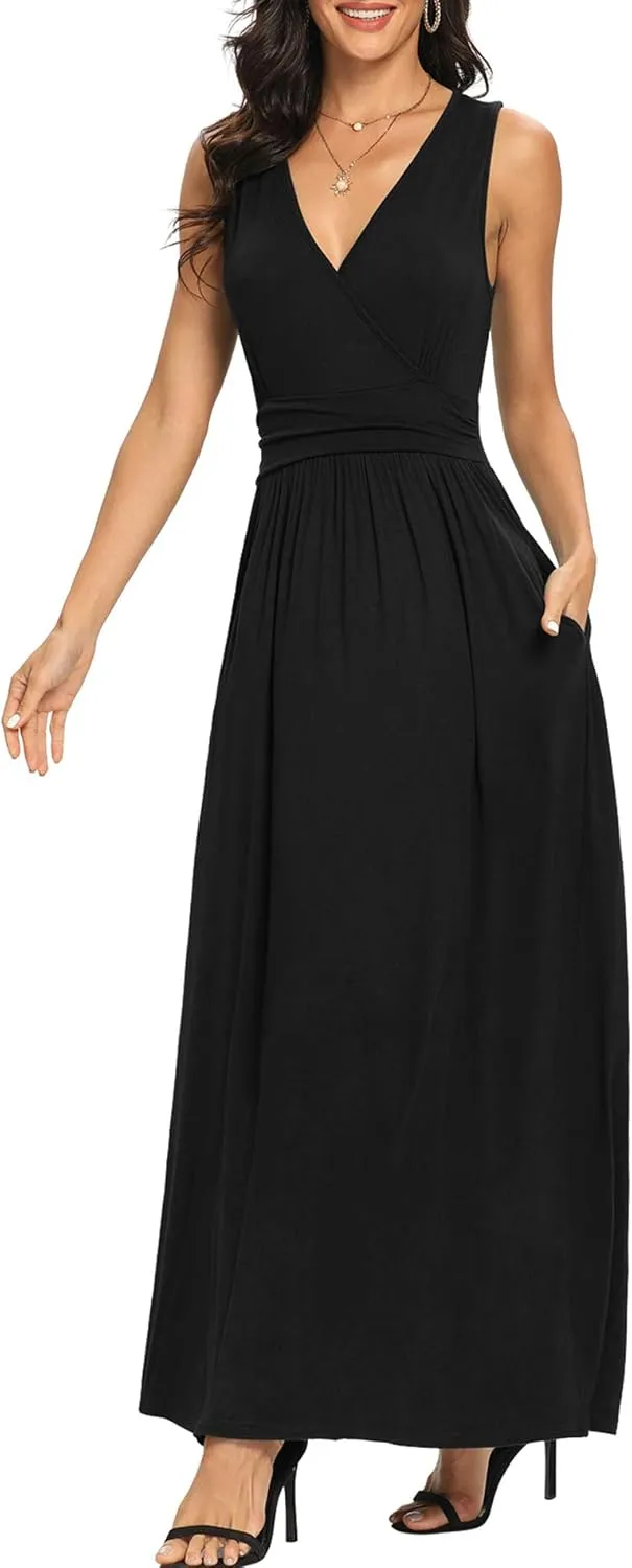 LILBETTER Women Sleeveless Deep V Neck Loose Plain Long Maxi Casual Dress