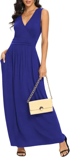LILBETTER Women Sleeveless Deep V Neck Loose Plain Long Maxi Casual Dress