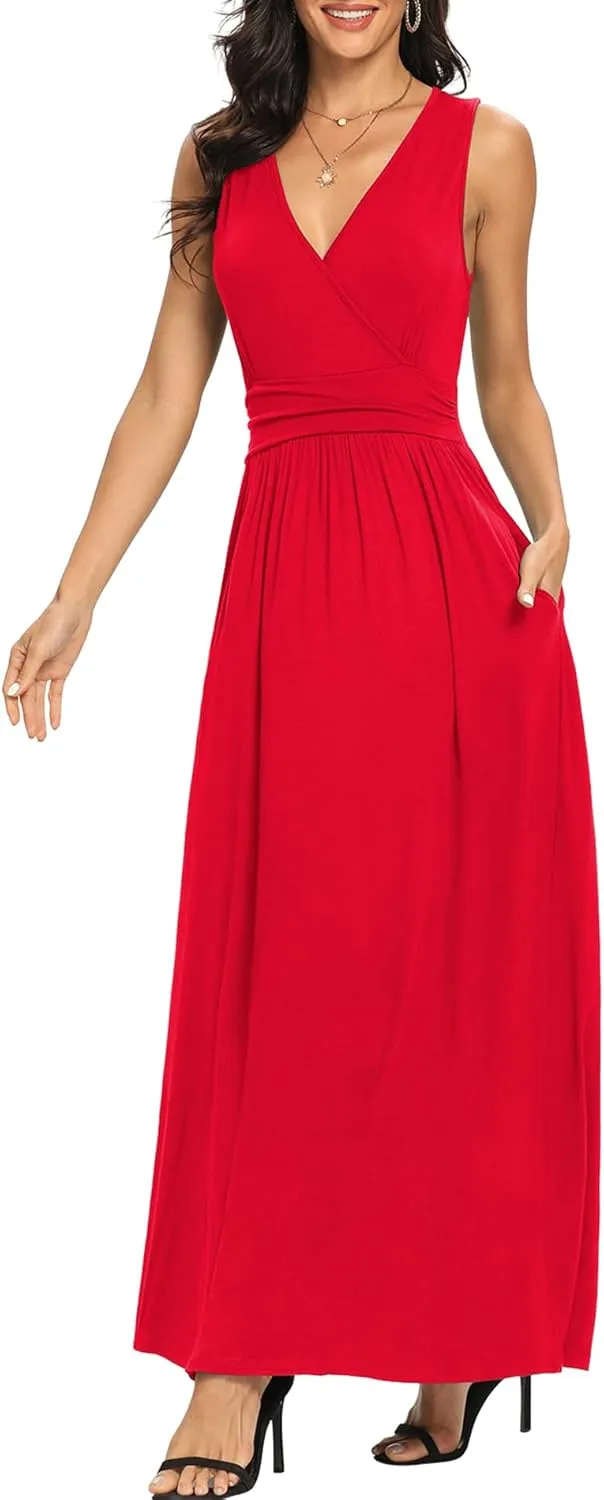 LILBETTER Women Sleeveless Deep V Neck Loose Plain Long Maxi Casual Dress