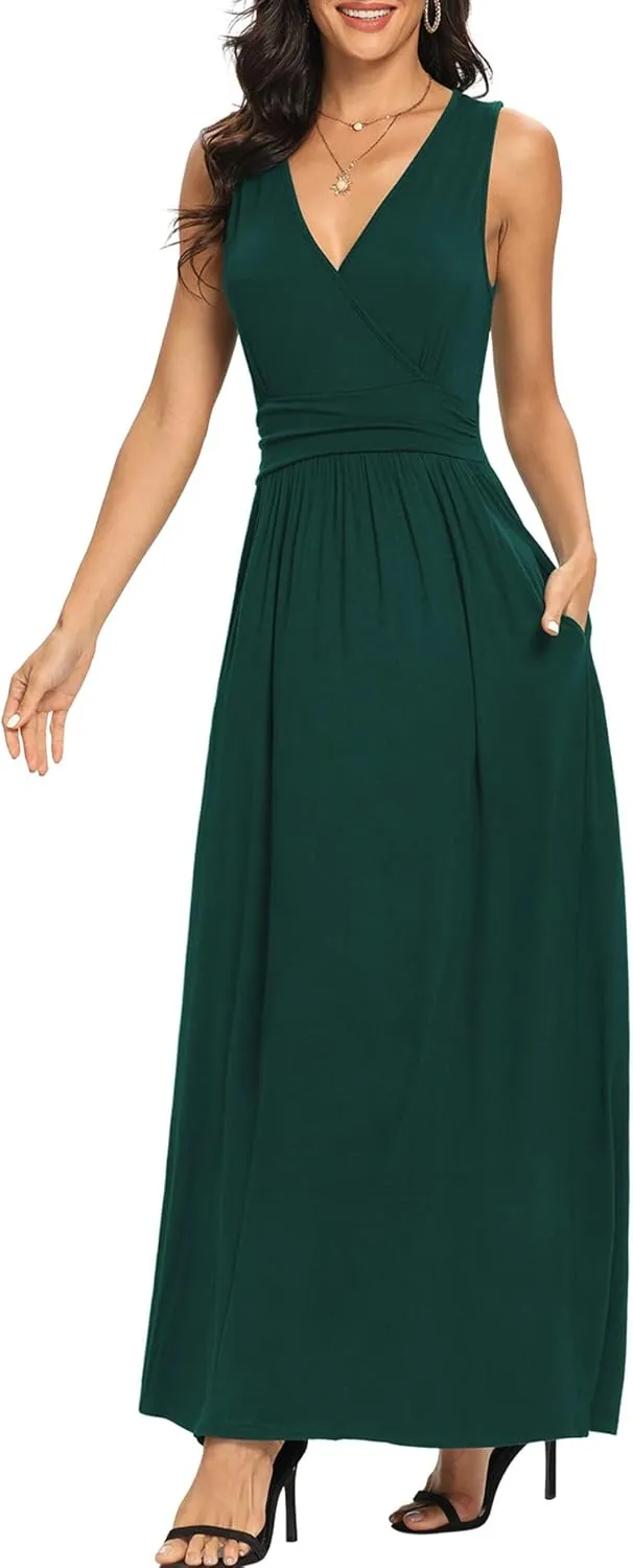 LILBETTER Women Sleeveless Deep V Neck Loose Plain Long Maxi Casual Dress