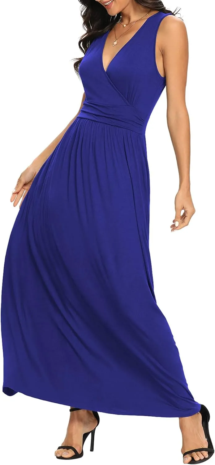LILBETTER Women Sleeveless Deep V Neck Loose Plain Long Maxi Casual Dress