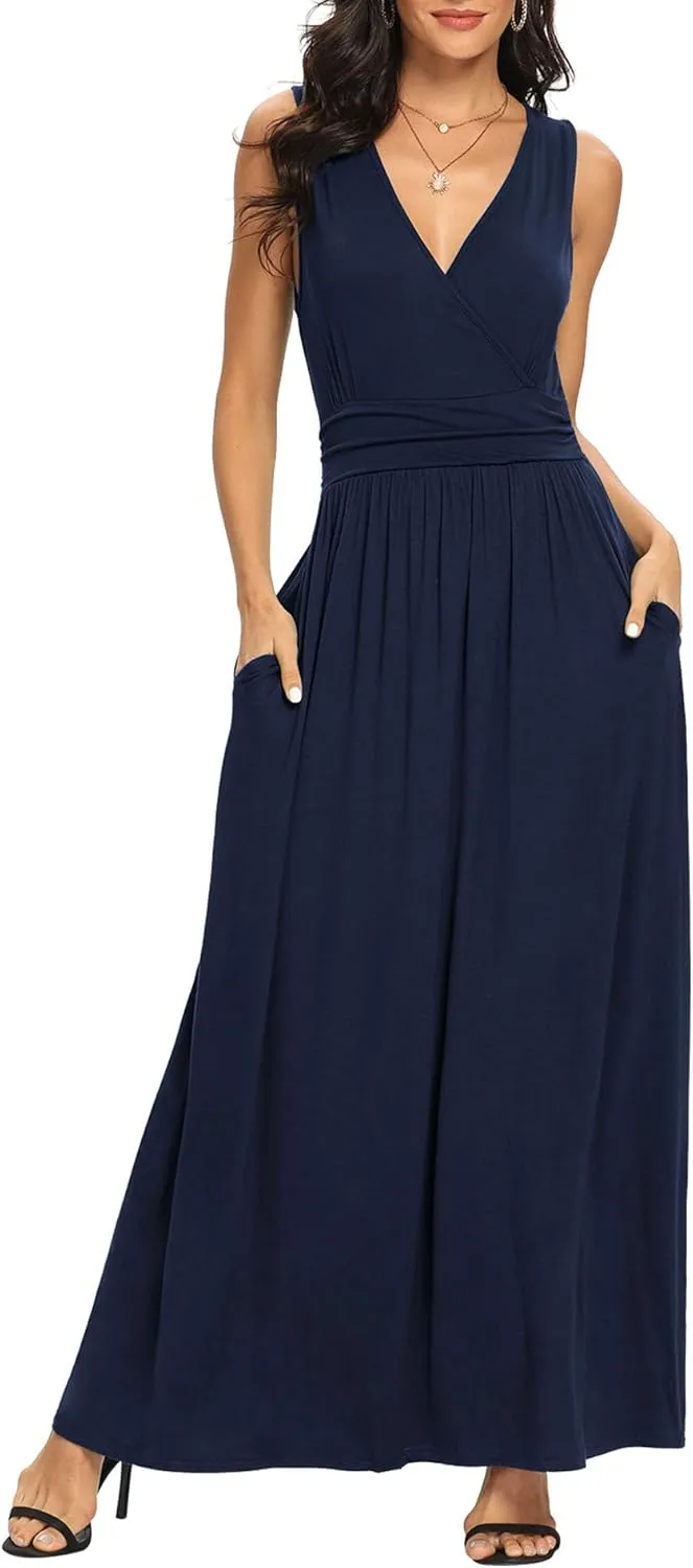 LILBETTER Women Sleeveless Deep V Neck Loose Plain Long Maxi Casual Dress