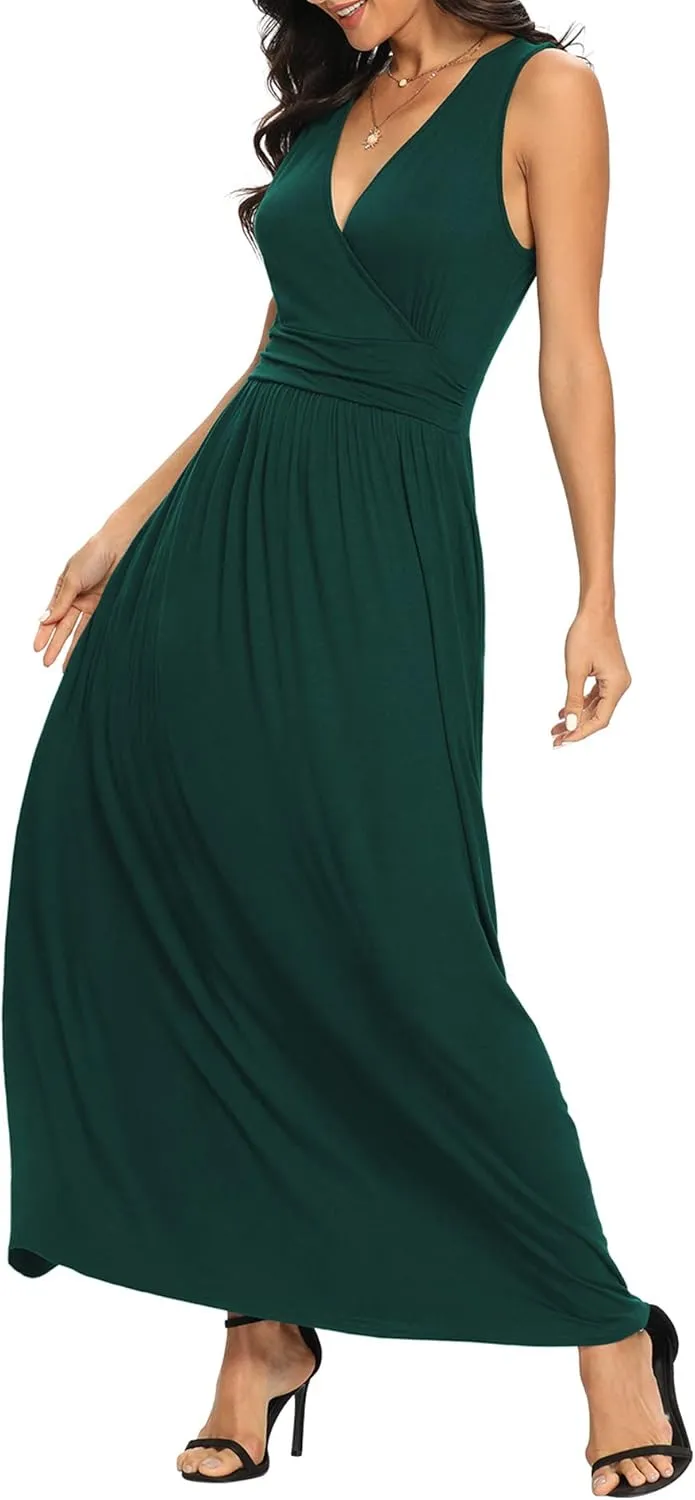 LILBETTER Women Sleeveless Deep V Neck Loose Plain Long Maxi Casual Dress