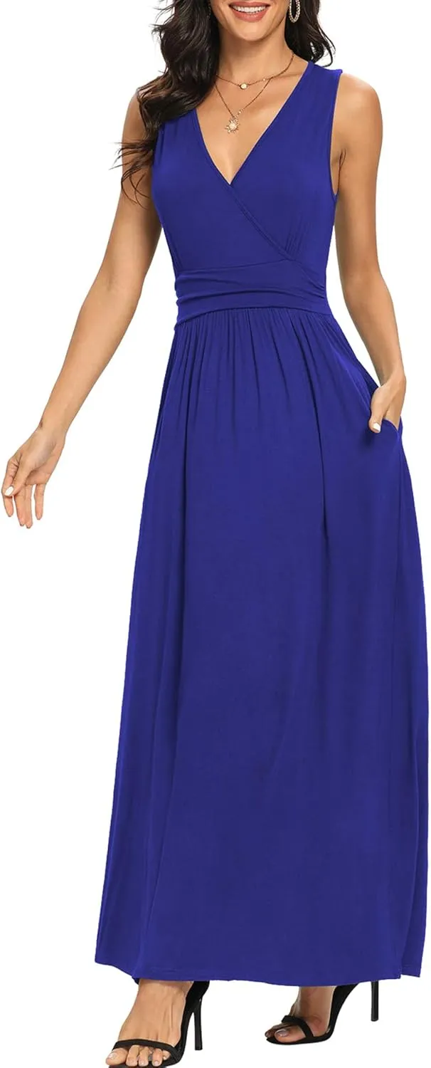 LILBETTER Women Sleeveless Deep V Neck Loose Plain Long Maxi Casual Dress