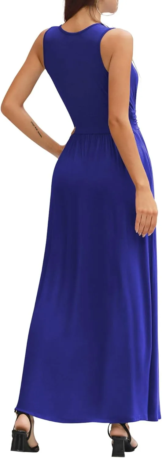 LILBETTER Women Sleeveless Deep V Neck Loose Plain Long Maxi Casual Dress