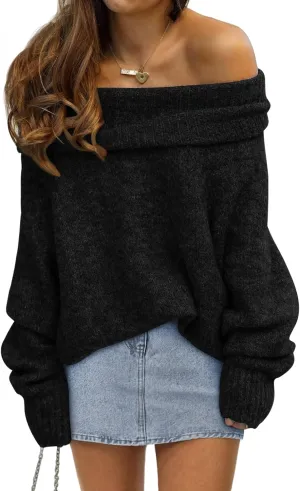 LILLUSORY Womens Off The Shoulder Sweater Oversized Batwing Sleeve Loose Pullover Sweaters Tops
