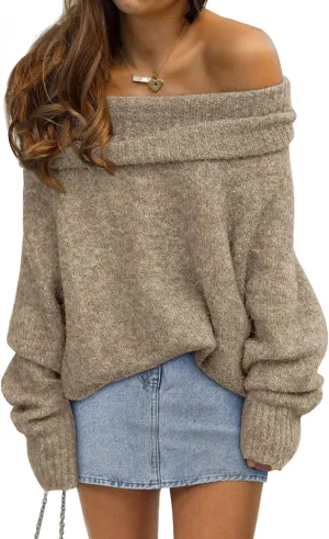 LILLUSORY Womens Off The Shoulder Sweater Oversized Batwing Sleeve Loose Pullover Sweaters Tops