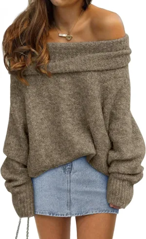 LILLUSORY Womens Off The Shoulder Sweater Oversized Batwing Sleeve Loose Pullover Sweaters Tops