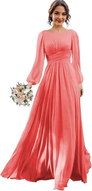 Long Sleeve Bridesmaid Dresses Chiffon Wedding Guest Dresses for Women Scoop Neck Ruched Slit Formal Dress with Pocket
