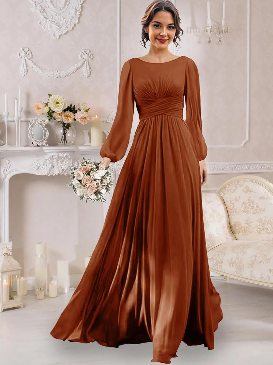 Long Sleeve Bridesmaid Dresses Chiffon Wedding Guest Dresses for Women Scoop Neck Ruched Slit Formal Dress with Pocket