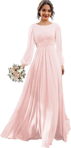 Long Sleeve Bridesmaid Dresses Chiffon Wedding Guest Dresses for Women Scoop Neck Ruched Slit Formal Dress with Pocket