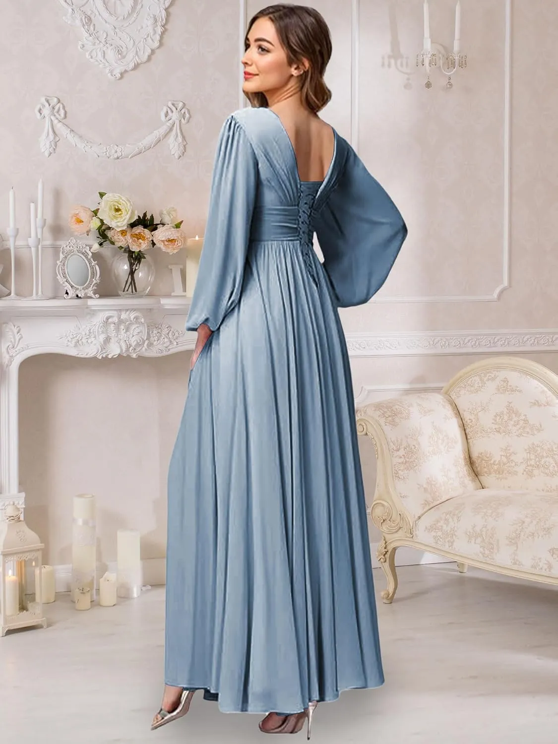 Long Sleeve Bridesmaid Dresses Chiffon Wedding Guest Dresses for Women Scoop Neck Ruched Slit Formal Dress with Pocket