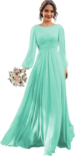 Long Sleeve Bridesmaid Dresses Chiffon Wedding Guest Dresses for Women Scoop Neck Ruched Slit Formal Dress with Pocket