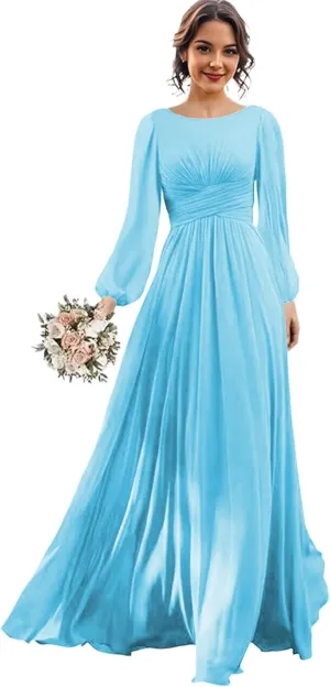 Long Sleeve Bridesmaid Dresses Chiffon Wedding Guest Dresses for Women Scoop Neck Ruched Slit Formal Dress with Pocket