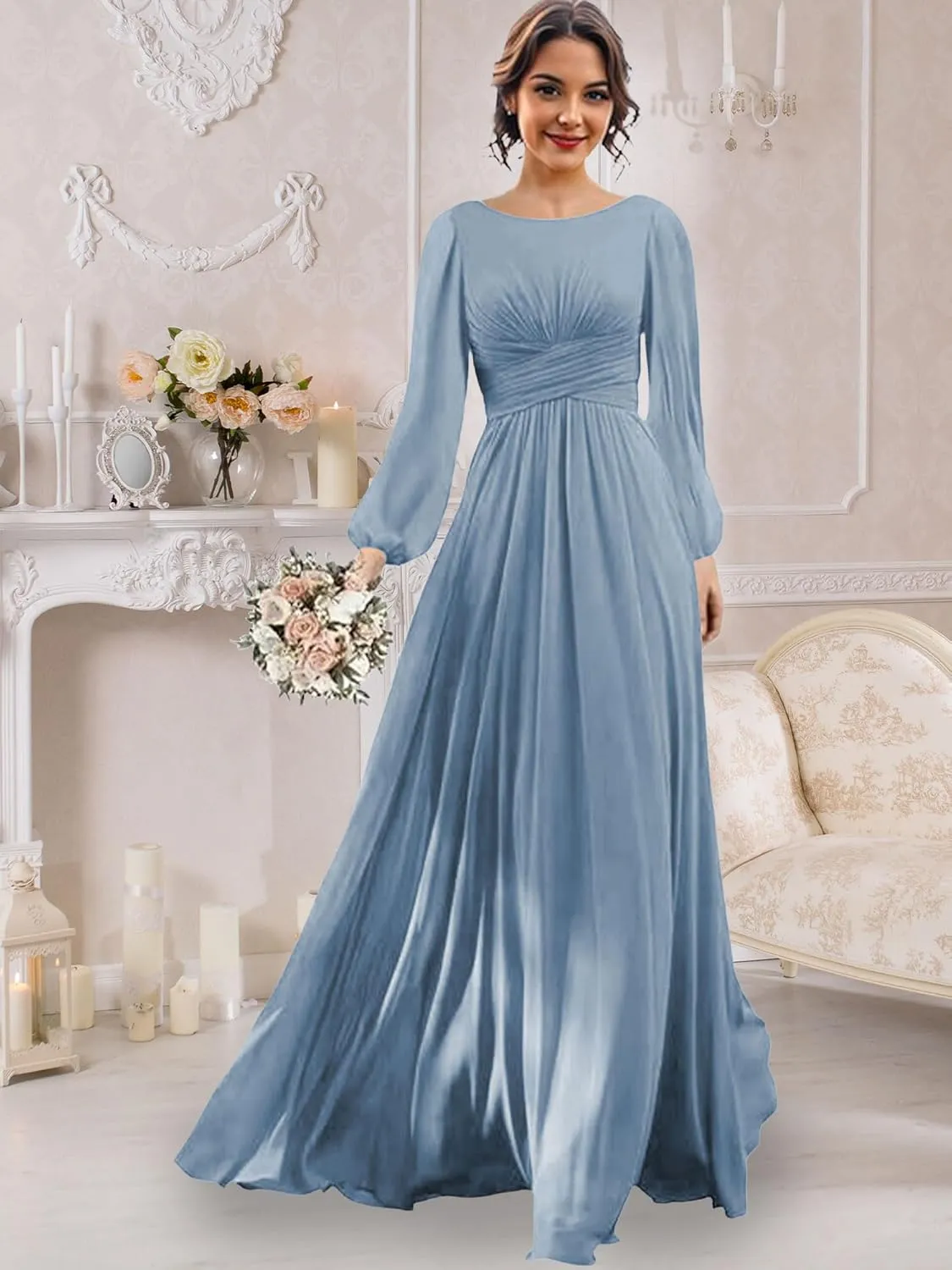 Long Sleeve Bridesmaid Dresses Chiffon Wedding Guest Dresses for Women Scoop Neck Ruched Slit Formal Dress with Pocket
