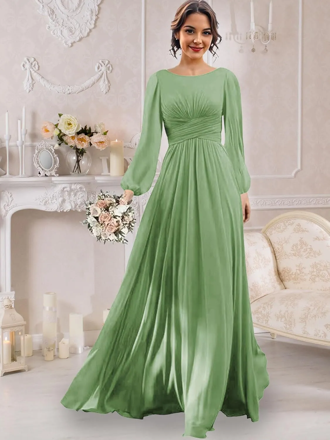 Long Sleeve Bridesmaid Dresses Chiffon Wedding Guest Dresses for Women Scoop Neck Ruched Slit Formal Dress with Pocket