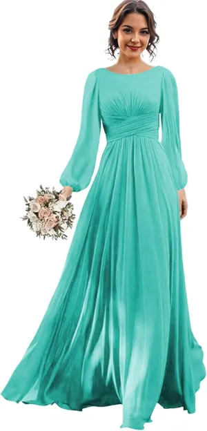 Long Sleeve Bridesmaid Dresses Chiffon Wedding Guest Dresses for Women Scoop Neck Ruched Slit Formal Dress with Pocket