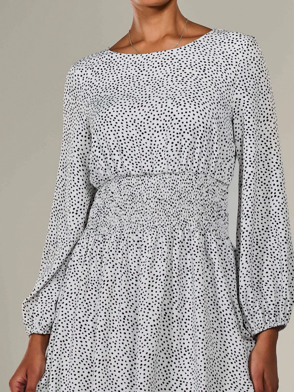 Long Sleeve Ruched Waist Midi Dress, White Polka