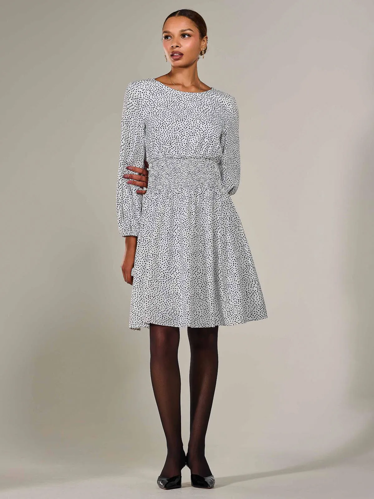 Long Sleeve Ruched Waist Midi Dress, White Polka