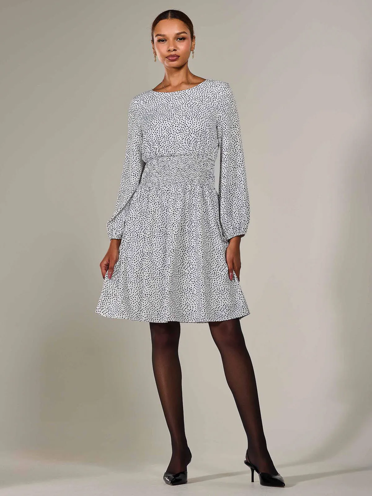 Long Sleeve Ruched Waist Midi Dress, White Polka