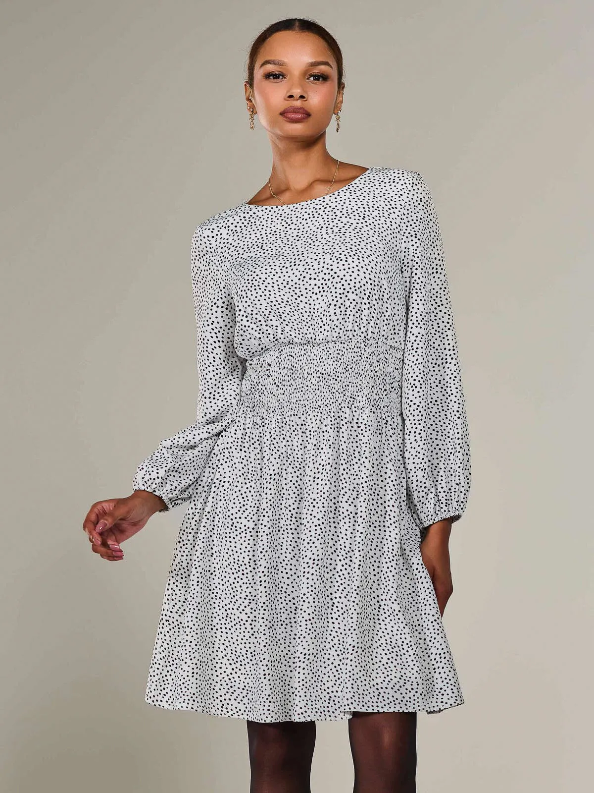 Long Sleeve Ruched Waist Midi Dress, White Polka